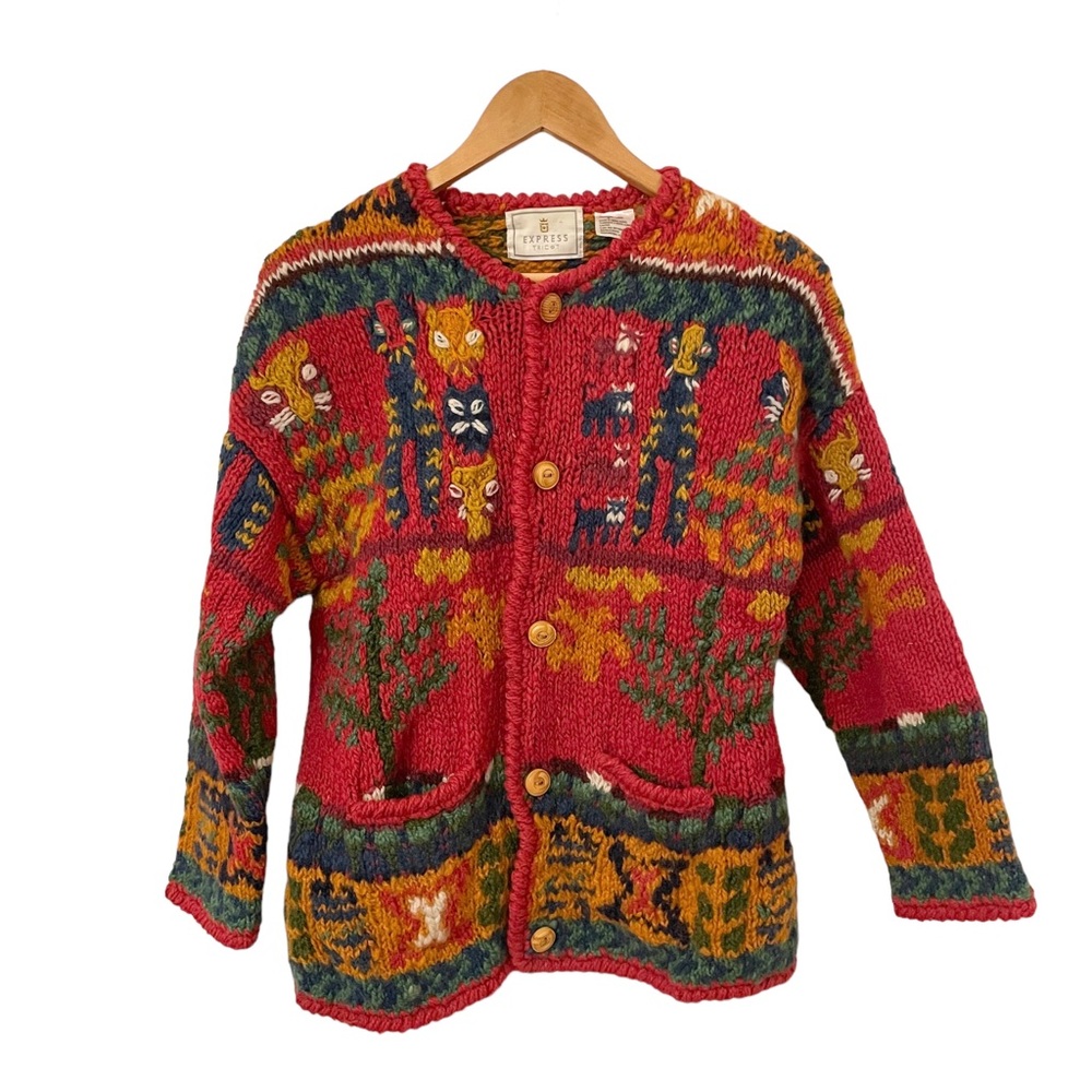 VINTAGE chunky 100 % wool cardigan with adorable cat details